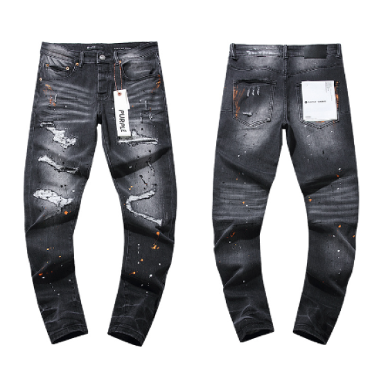 Black Washed Slim Denim Jeans with White & Orange Paint Splatter and Distressing